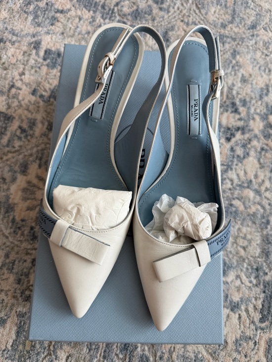 Prada Shoes - Prada White Leather Pointed Slingback Pumps with Light Blue Insole